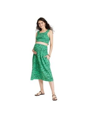 Green Floral Maternity Midi Skirt set and top